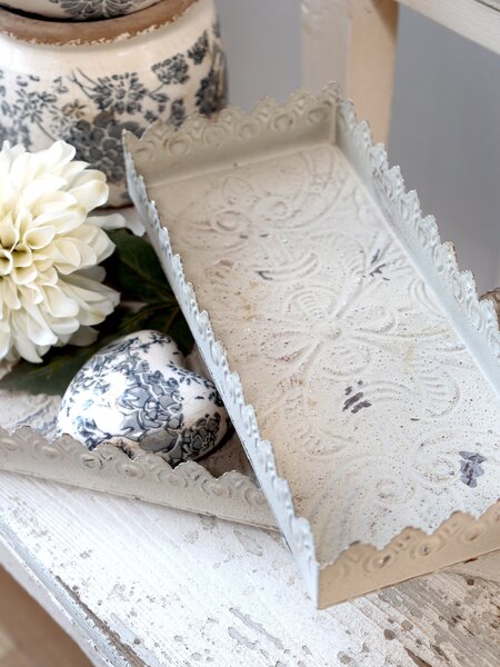 Set 3ks krémový antik kovový podnos s patinou Flowre - 40 * 18 * 5cm - Chic Antique