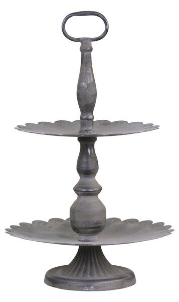 Šedý antik kovový 2-poschodový etažér Lace edge - Ø 27*42 cm - Chic Antique