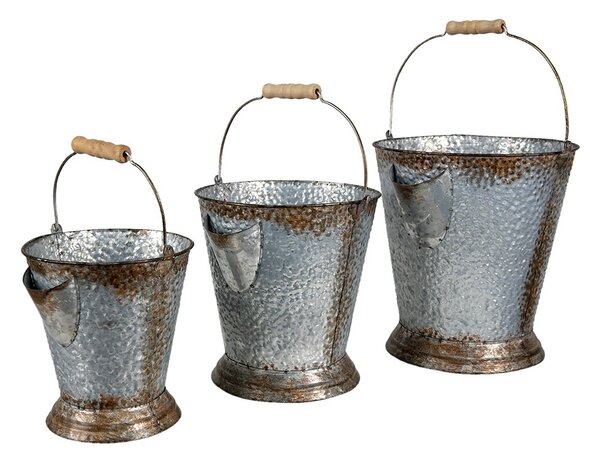 3ks šedé plechové dekoračné vedro - Ø 26*28 / Ø 22*24 / Ø 18*20 cm - Clayre & Eef