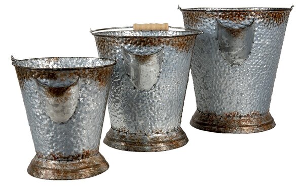 3ks šedé plechové dekoračné vedro - Ø 26*28 / Ø 22*24 / Ø 18*20 cm - Clayre & Eef