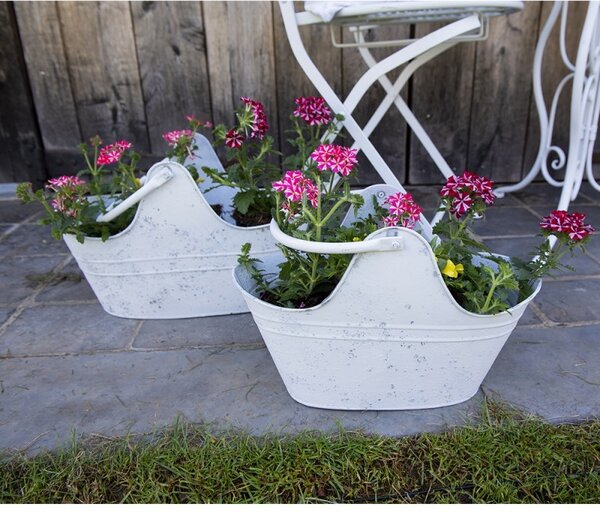 2ks biely antik plechový kvetináč s ušami - 40*21*25 / 35*18*23 cm - Clayre & Eef