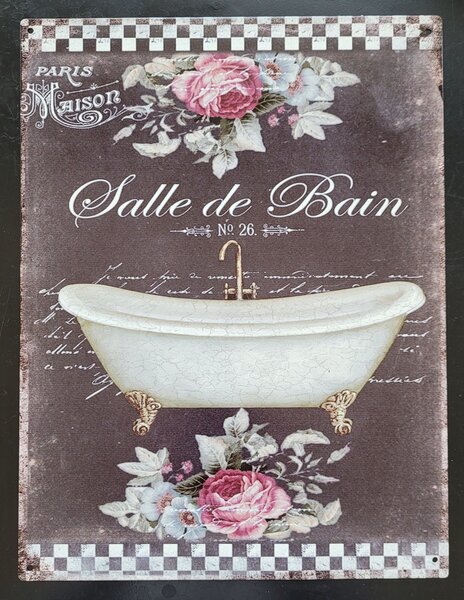 Čierna nástenná kovová ceduľa Salle de Bain - 25*33 cm - Ostatní