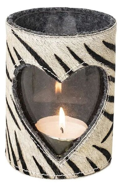 Svietnik so srdcom zdobený kožou so vzorom Zebra - 11,5*11,5*16cm - Mars & More