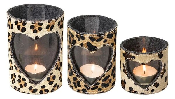 Svietnik zdobený kožou so vzorom Leopard - 11,5*11,5*10,5cm - Mars & More