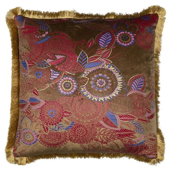 Taupe zamatový vankúš s kvetmi a zlatými strapcami Floral - 45*45*10cm - Mars & More