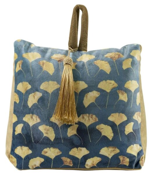 Modrá zamatová dverná zarážka so zlatým strapcom Ginko - 17*10*18cm - Mars & More