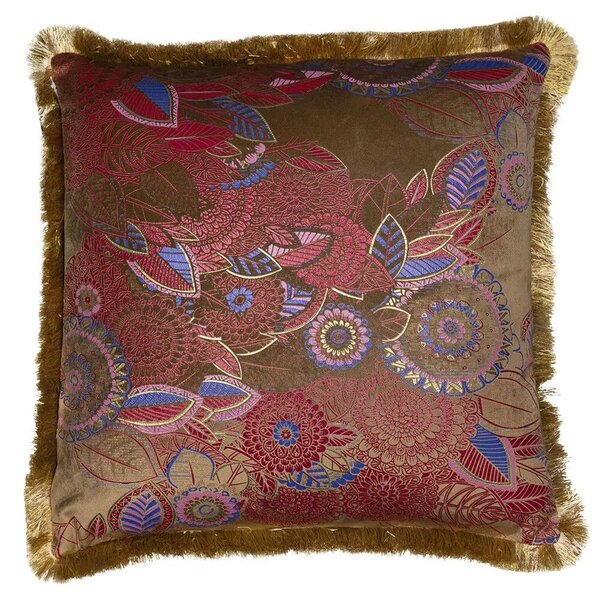 Taupe zamatový vankúš s kvetmi a zlatými strapcami Floral - 45*45*10cm - Mars & More