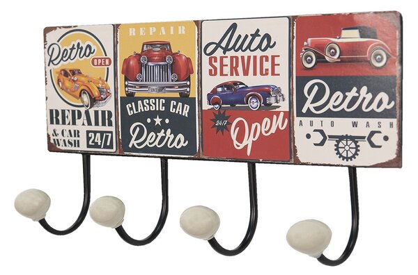 Nástenný kovový vešiak so 4-mi háčikmi Auto Service - 40*7*18 cm - Clayre & Eef