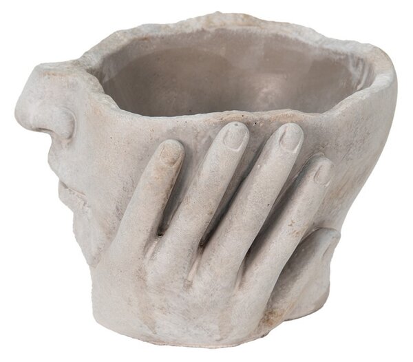 Béžovo-šedý cementový kvetináč ruky podopierajúce tvár - 18*18*13 cm - Clayre & Eef