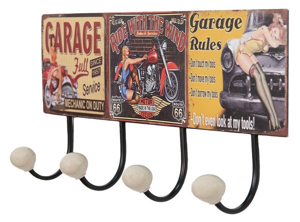 Nástenný kovový vešiak so 4-mi háčikmi Garage - 40*7*18 cm - Clayre & Eef