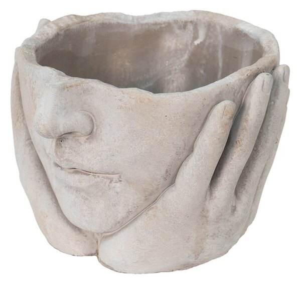 Béžovo-šedý cementový kvetináč ruky podopierajúce tvár - 18*18*13 cm - Clayre & Eef