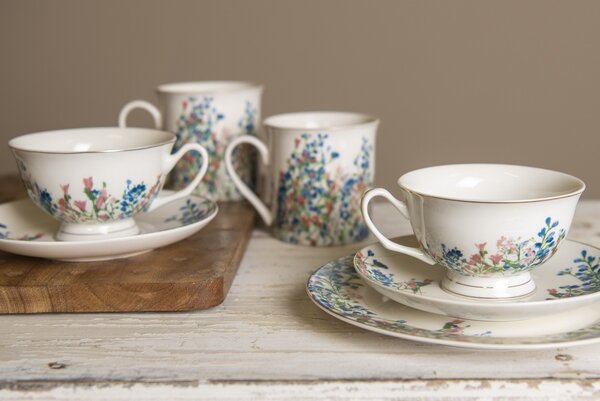 Porcelánová šálka s tanierikom a kvetmi - 12*10*6 cm / Ø 15*2 cm / 250 ml - Clayre & Eef
