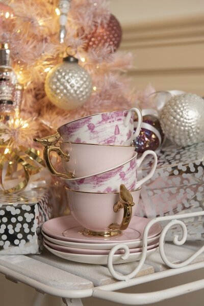 Bielo-ružová porcelánová šálka s tanierikom - Ø 10*6 / Ø 15*2 cm / 250 ml - Clayre & Eef