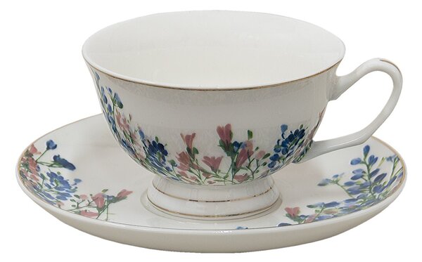 Porcelánová šálka s tanierikom a kvetmi - 12*10*6 cm / Ø 15*2 cm / 250 ml - Clayre & Eef