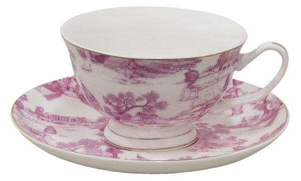 Bielo-ružová porcelánová šálka s tanierikom - Ø 10*6 / Ø 15*2 cm / 250 ml - Clayre & Eef