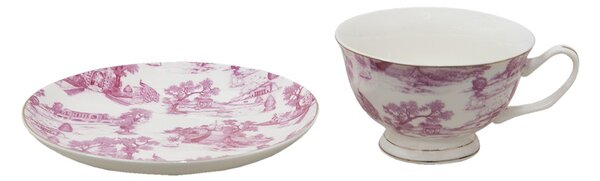 Bielo-ružová porcelánová šálka s tanierikom - Ø 10*6 / Ø 15*2 cm / 250 ml - Clayre & Eef
