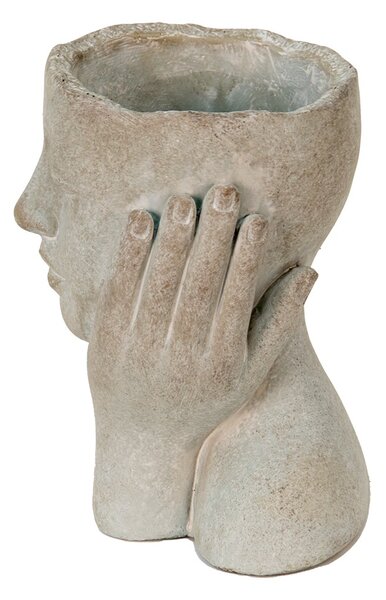Šedý cementový kvetináč hlava ženy v dlaniach S - 13*13*18 cm - Clayre & Eef