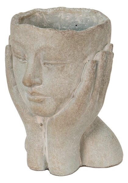Šedý cementový kvetináč hlava ženy v dlaniach S - 13*13*18 cm - Clayre & Eef