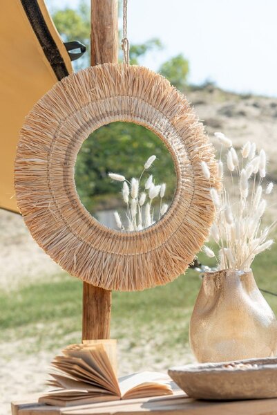 Nástenné okrúhle zrkadlo v ráme z prírodnej trávy Raffia natural - 61*2,5*61 cm - J-Line by Jolipa
