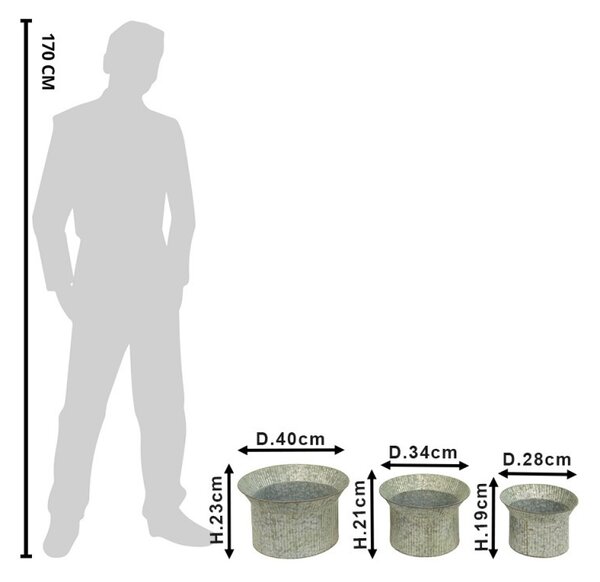 3ks šedý antik dekoračný obal na kvetináč - Ø 40*23 / Ø 34*21 / Ø 28*19 cm - Clayre & Eef