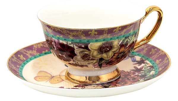 Porcelánová šálka s tanierikom s kvetmi a motýlikami - 12*10*6 cm / Ø 15*2 cm / 200 ml / Ř 15*2 cm / 200 ml - Clayre & Eef