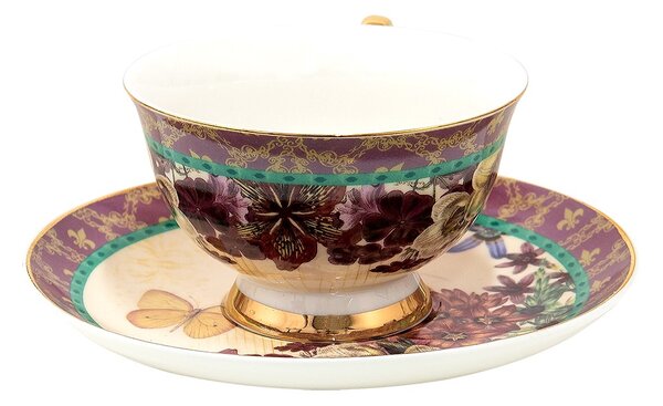 Porcelánová šálka s tanierikom s kvetmi a motýlikami - 12*10*6 cm / Ø 15*2 cm / 200 ml / Ř 15*2 cm / 200 ml - Clayre & Eef