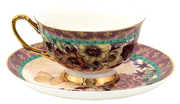 Porcelánová šálka s tanierikom s kvetmi a motýlikami - 12*10*6 cm / Ø 15*2 cm / 200 ml / Ř 15*2 cm / 200 ml - Clayre & Eef