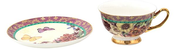 Porcelánová šálka s tanierikom s kvetmi a motýlikami - 12*10*6 cm / Ø 15*2 cm / 200 ml / Ř 15*2 cm / 200 ml - Clayre & Eef