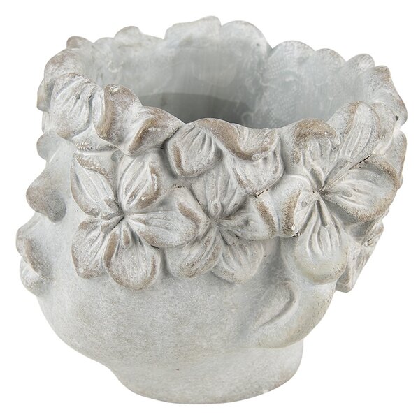 Šedý kvetináč v dizajne hlavy s kvetinovým vencom Tete - 12*9*10 cm - Clayre & Eef