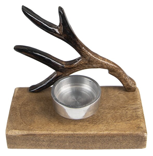 Hnedý drevený svietnik na čajovú sviečku s parožím - 13*7*12 cm - Clayre & Eef