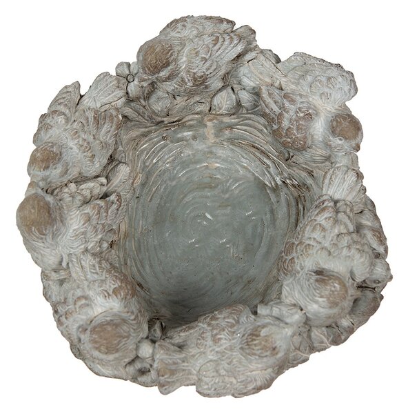 Šedý antik cementový dekoračný kvetináč s vtáčikmi - Ø 27*12 cm - Clayre & Eef