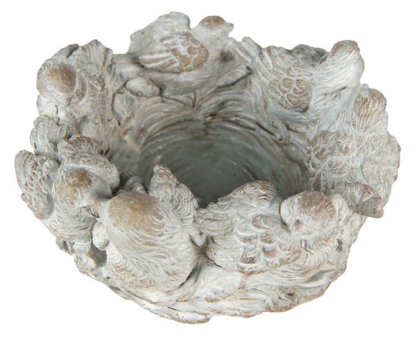 Šedý antik cementový dekoračný kvetináč s vtáčikmi - Ø 27*12 cm - Clayre & Eef