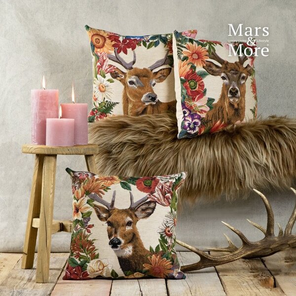 Gobelínový vankúš s jeleňom v kvetinovom okraji Flower Deer - 45*15*45cm - Mars & More