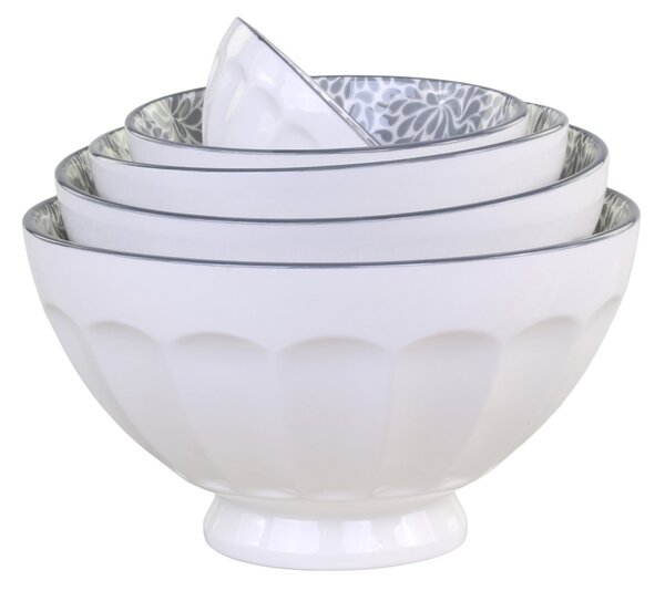 Set 5ks biela porcelánová miska so šedými ornamentmi vo vnútri Arés - Ø15*9 cm - Chic Antique