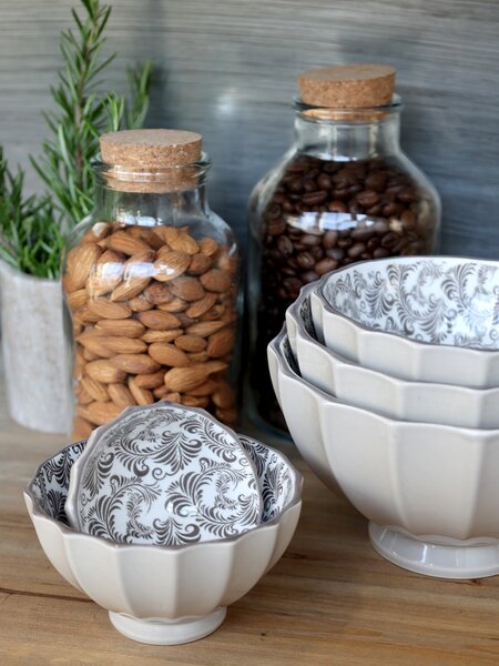 Set 5ks zelená porcelánová miska s ornamentmi vo vnútri prúžkom Arés - Ø15*9 cm - Chic Antique