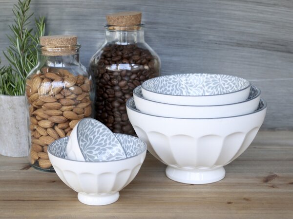 Set 5ks biela porcelánová miska so šedými ornamentmi vo vnútri Arés - Ø15*9 cm - Chic Antique