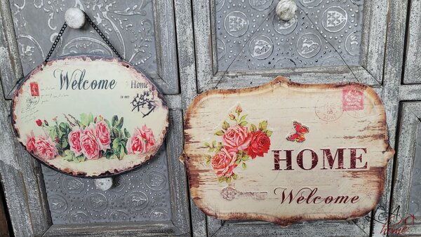 Nástenná kovová ceduľa s ružami Welcome Home - 33*25 cm - Ostatní