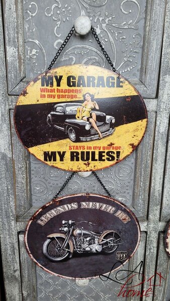 Závesná žltá kovová ceduľa My Garage My Rules - 25*20 cm - Ostatní
