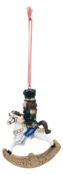 Závesná vianočná ozdoba Luskáčik v zelenom na hojdacom koníkovi - 7*2*10 cm - Clayre & Eef