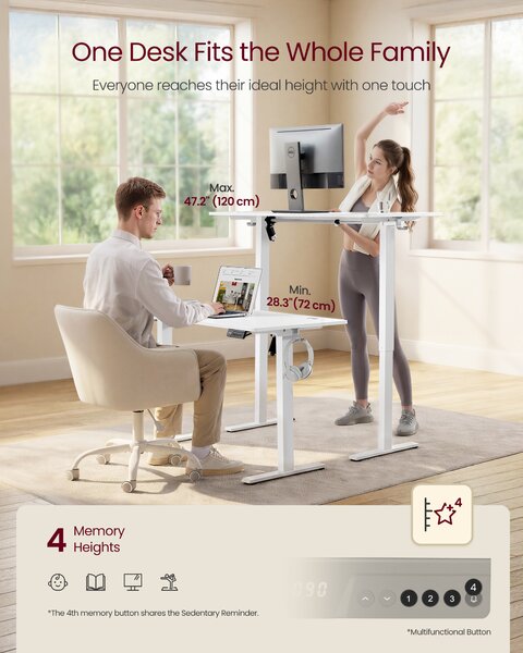 VASAGLE Výškovo nastaviteľný písací stôl s pamäťou 4 polôh, 120 x 72–120 x 60 cm, biela