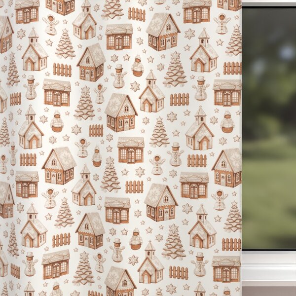Biante Vianočný bavlnený záves Sandra SA-807 Hnedé perníkové chalúpky a snehuliaci na bielom 150x140 cm