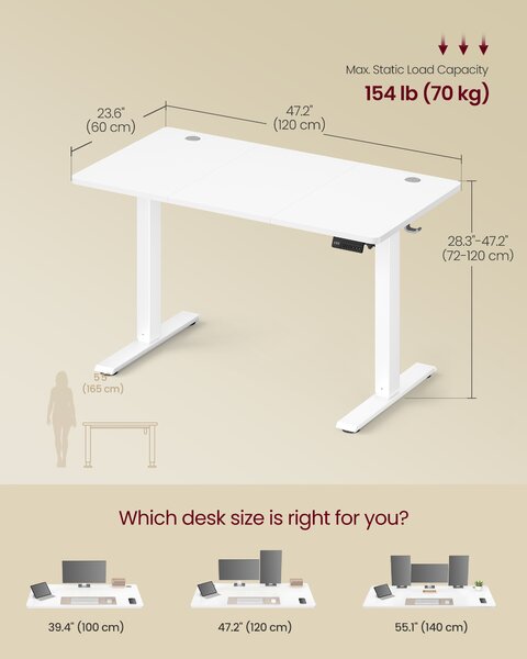 VASAGLE Výškovo nastaviteľný písací stôl s pamäťou 4 polôh, 120 x 72–120 x 60 cm, biela