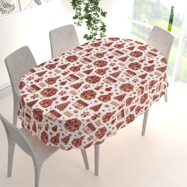 Biante Vianočný bavlnený oválny obrus Sandra SA-806 Červené perníkové chalúpky a snehuliaci na bielom 50x100 cm