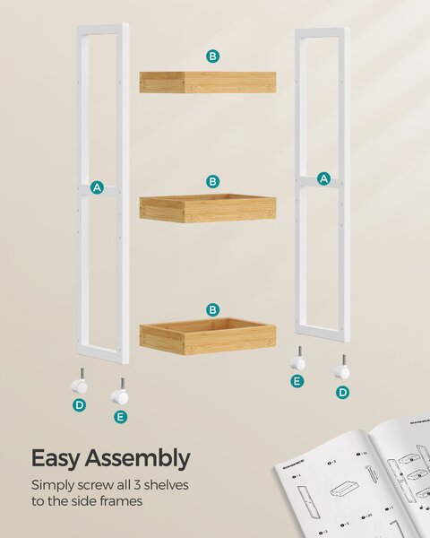 SONGMICS Kúpeľňový vozík do výklenku 20 x 80 x 30 cm, bambus, biela