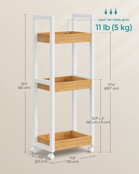 SONGMICS Kúpeľňový vozík do výklenku 20 x 80 x 30 cm, bambus, biela