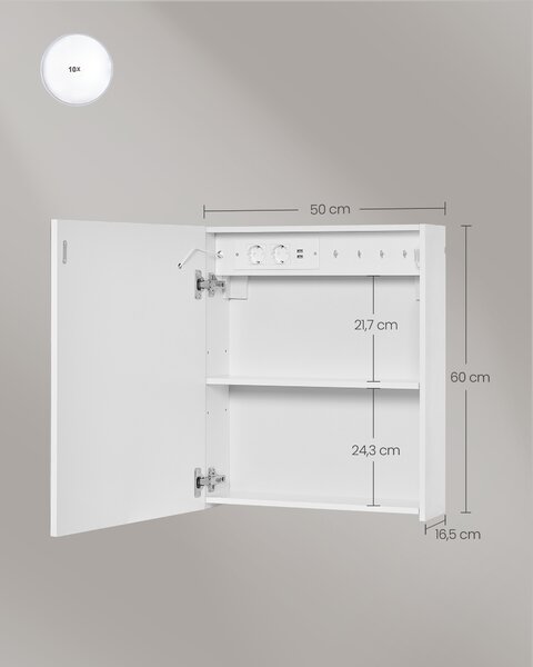 VASAGLE Zrkadlová skrinka KAILYN s osvetlením 50 x 60 x 17 cm, biela