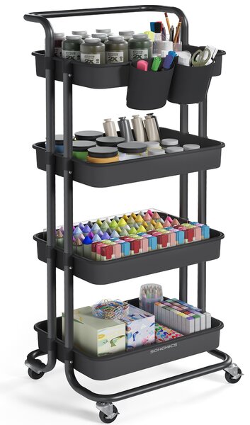 SONGMICS Úložný vozík, 4 úrovne, oceľový rám, plastové koše do kúpeľne, čierna