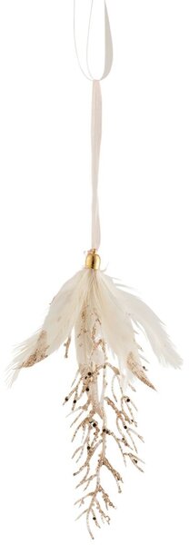 Závesná ozdoba vetvička so zlatými glitrami a bielymi pierkami - 8*2*18 cm - J-Line by Jolipa