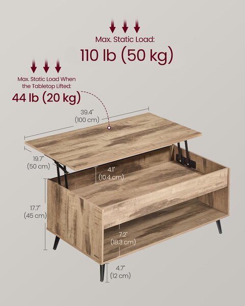 VASAGLE Konferenčný stolík s výsuvnou doskou 100 x 45 x 50 cm, hnedá, čierna