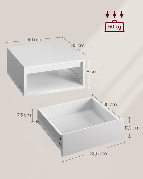VASAGLE Sada dvoch závesných nočných stolíkov KAILYN s LED osvetlením, 1 zásuvka, biela
